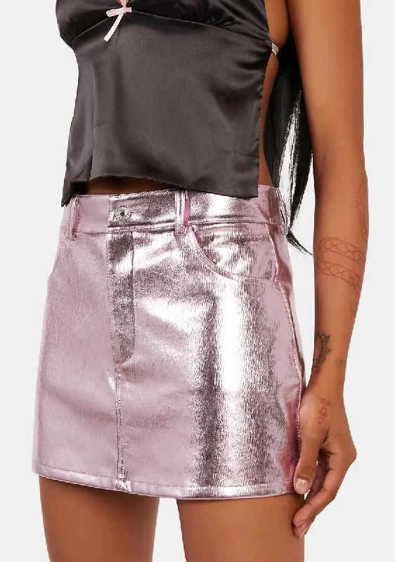 Women's Trendy Casual Clothes Luxury Fashion Pink Metallic Faux Leather Skirt