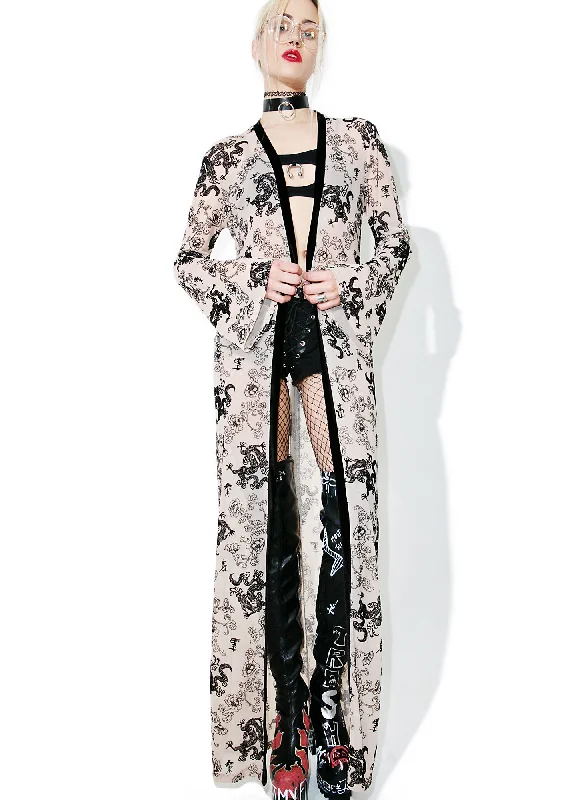 Women's Outfit For The Office Unleash Your Style Flock Print Mesh Maxi Kimono