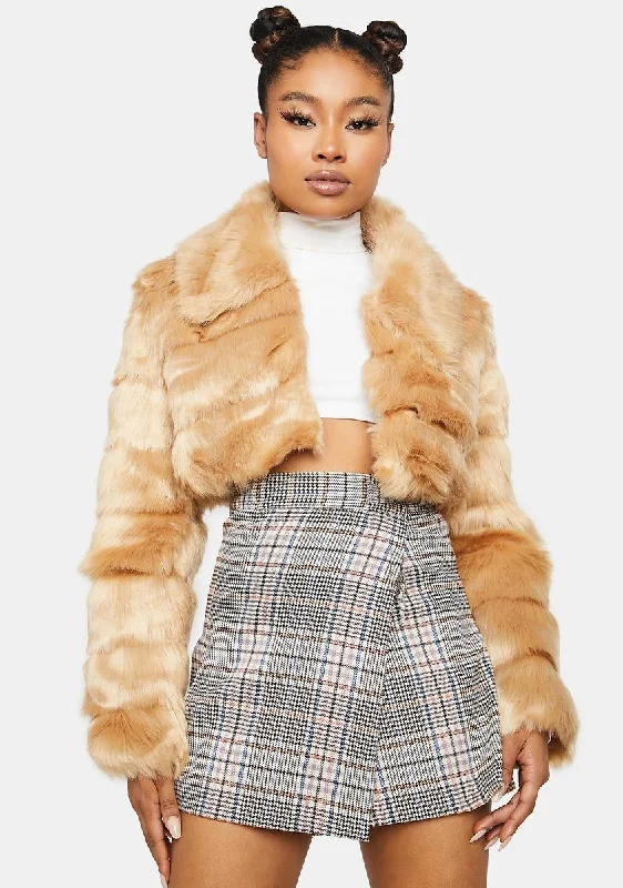 Modern Women's Clothes Exclusive Deals Online Taupe Encore Star Faux Fur Cropped Jacket