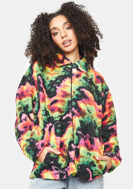 Women's Sporty Chic Clothes Sustainable Fashion Extravaganza Borg Tie Dye Zip Up Jacket