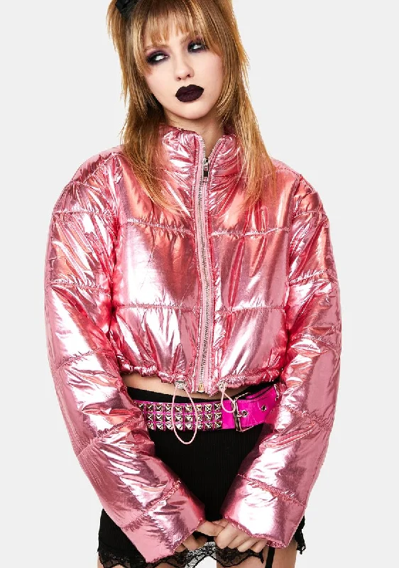 Women's Layered Outfit Unleash Your Trendy Side Pixie Scene Stealer Metallic Puffer Jacket