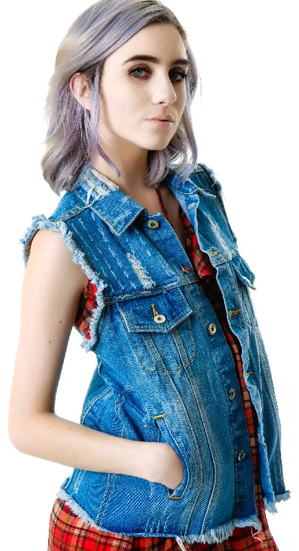 Chic Clothing For Women Don't Miss Out Crossed Out Destroyed Denim Vest