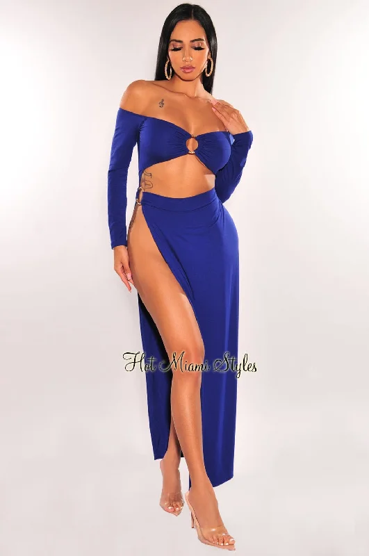 Fashionable Women's Clothing Budget-Friendly Fashion Royal Blue Off Shoulder O-Ring Cut Out Long Sleeves Slit Maxi Dress