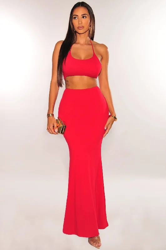 Women's Casual Clothing For Lounging Relaxed Style Red Halter Cut Out Mermaid Maxi Dress