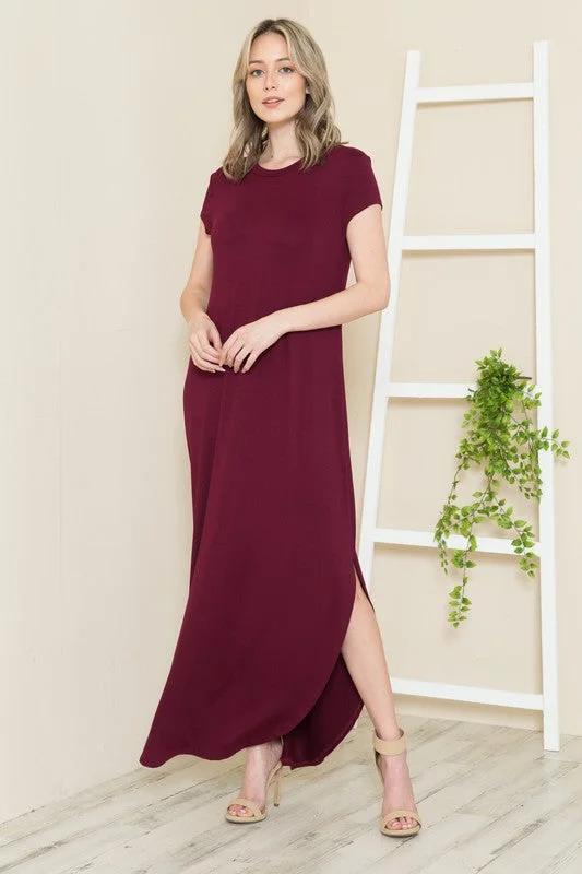 Women's Casual Clothing For Lounging Exclusive Fashion Deals Solid Short Sleeve Maxi Dress with Side Slit