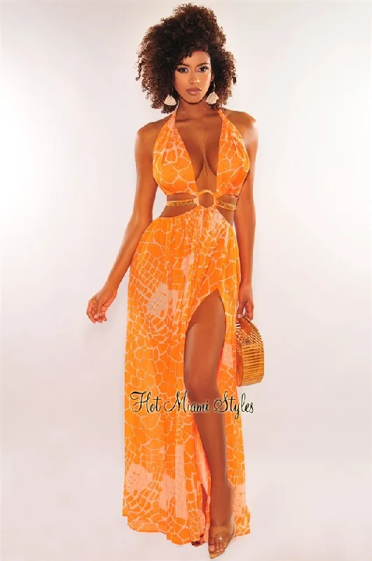 Women's Clothes For Special Occasions Trendy Styles Tangerine Print O-Ring Cut Out Gold Belted Double Slit Maxi Dress