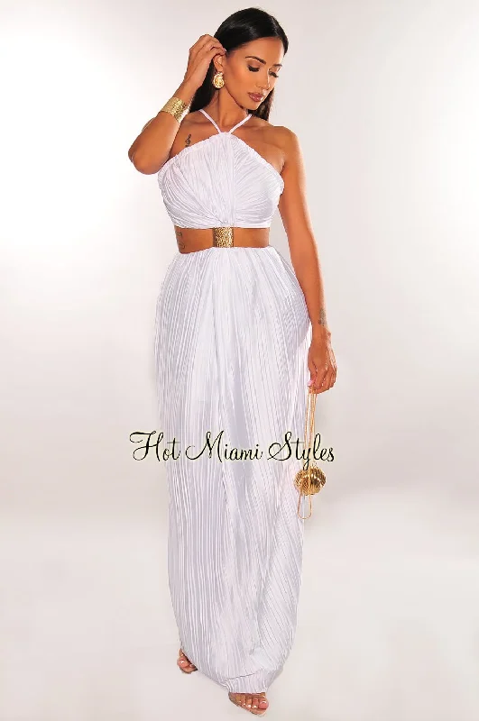 Fashionable Women's Outfit Must-Have Style Discounts White Pleated Halter Gold Cuff Strappy Cut Out Maxi Dress