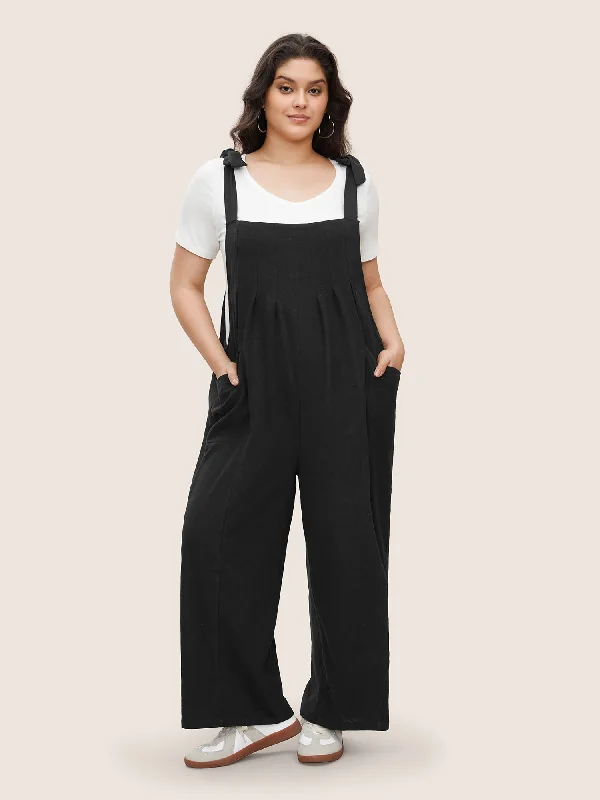 Women's Comfortable Clothes For Weekends Elegant Fashion Offers Solid Pleated Detail Pocket Knotted Shoulder Overall Jumpsuit