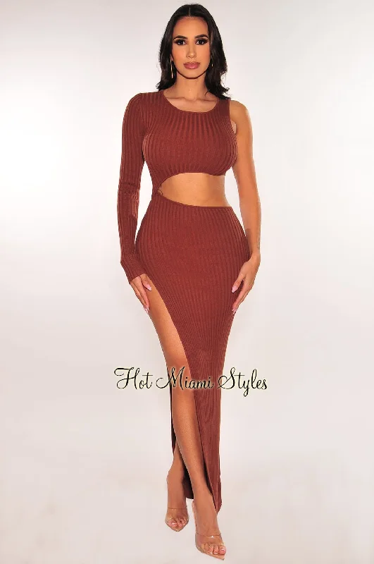 Women's Trendy Apparel Seasonal Clearance Chocolate Ribbed Knit One Sleeve Cut Out Slit Maxi Dress