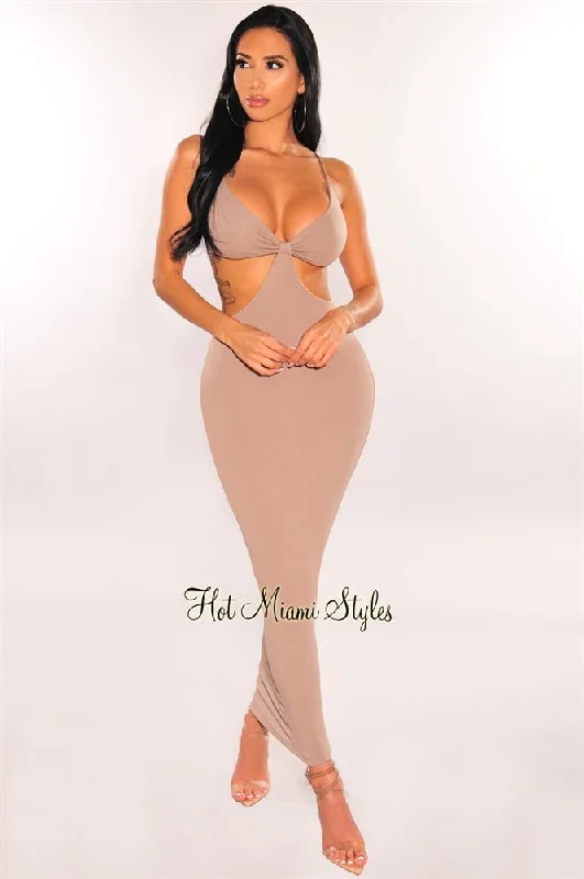 Women's Clothing Apparel Sets Chic And Trendy Taupe Spaghetti Straps Knotted Cut Out Maxi Dress