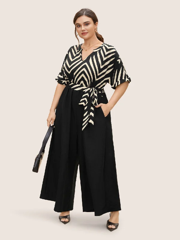 Tailored Clothing For Women Playful Fashion Offers Striped Patchwork Knot Cuffed Sleeve Jumpsuit