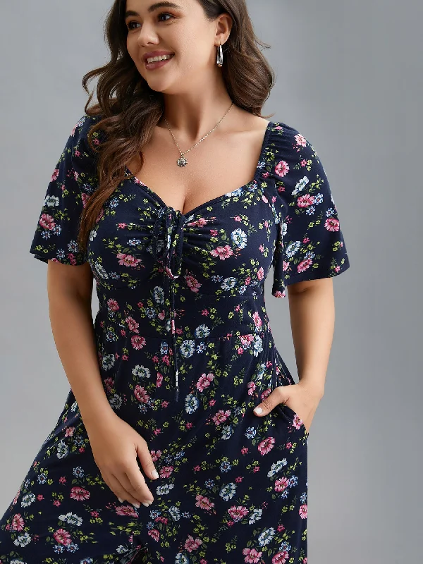 Women's Trendy Garments Explore What'S New Supersoft Floral Neck Drawstring Flared Jumpsuit