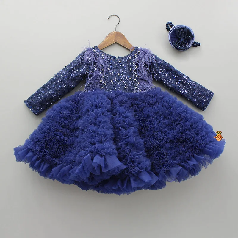 Women's Casual Apparel For Weekends Holiday Glam Sequins Embellished Ruffled Dress With Matching Swirled Bowie Headband