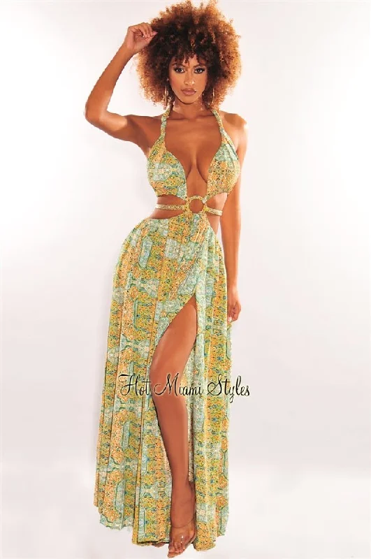 Comfortable Women's Clothes Trend Leading Collection Green Print O-Ring Cut Out Gold Belted Double Slit Maxi Dress