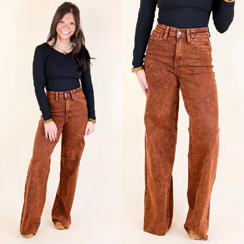 Women's Cozy Winter Attire Minimalist Fashion Sale Judy Blue | Harvest Hues High Waisted Garment Dyed Wide Leg Jean with Raw Hem in Pumpkin Spice Brown