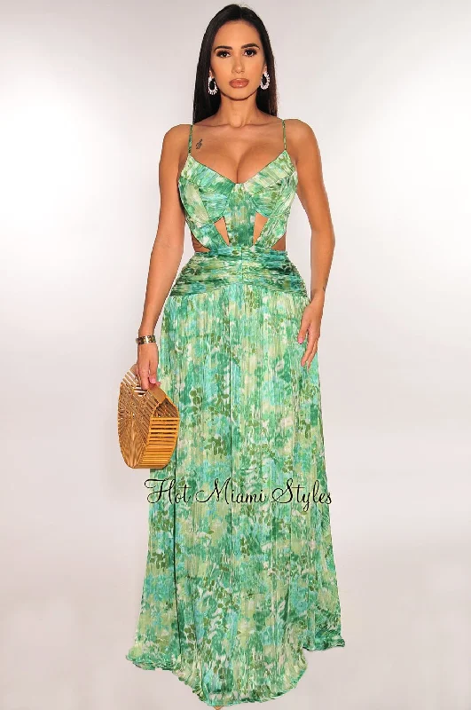 Formal Garments For Women Fashionable Comfort Promotions Green Watercolor Padded Cut Out Ruched Spaghetti Strap Maxi Dress