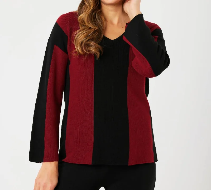 Women's Office Attire Vintage Style Deals V-Neck Ribbed Sweater In Black/wine