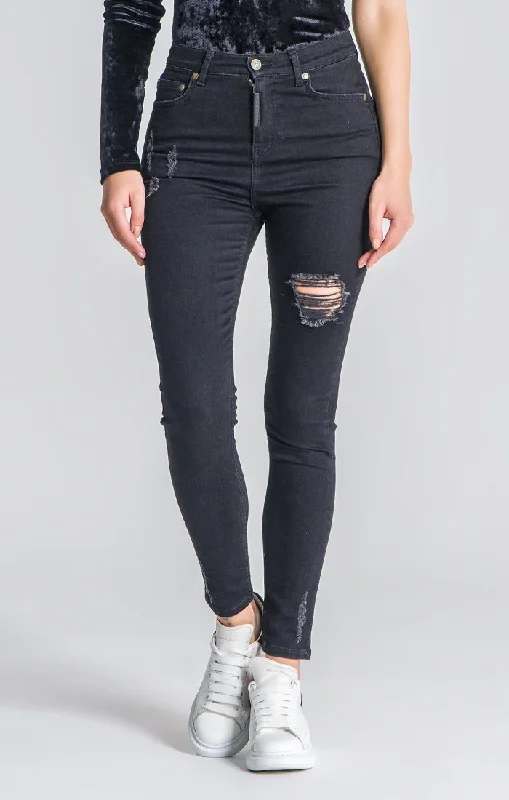 High-Fashion Women's Clothing Winter Warehouse Sale Black Core Ripped Jeans