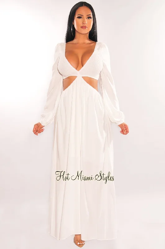 Women's Plus-Size Garments Huge Price Cut White V Neck Smocked Cut Out Long Sleeve Maxi Dress