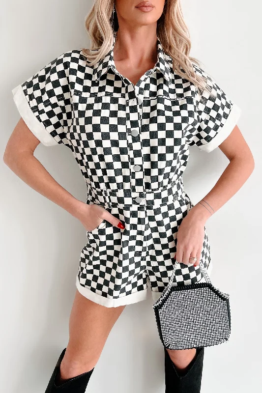 Women's Cozy Winter Attire Hurry Before It'S Gone Off To The Races Denim Checker Print Romper (Black)