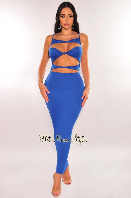 Women's Sporty Clothes Chic Style, Always In Vogue Royal Blue Cut Out Knotted Slim Fit Maxi Dress