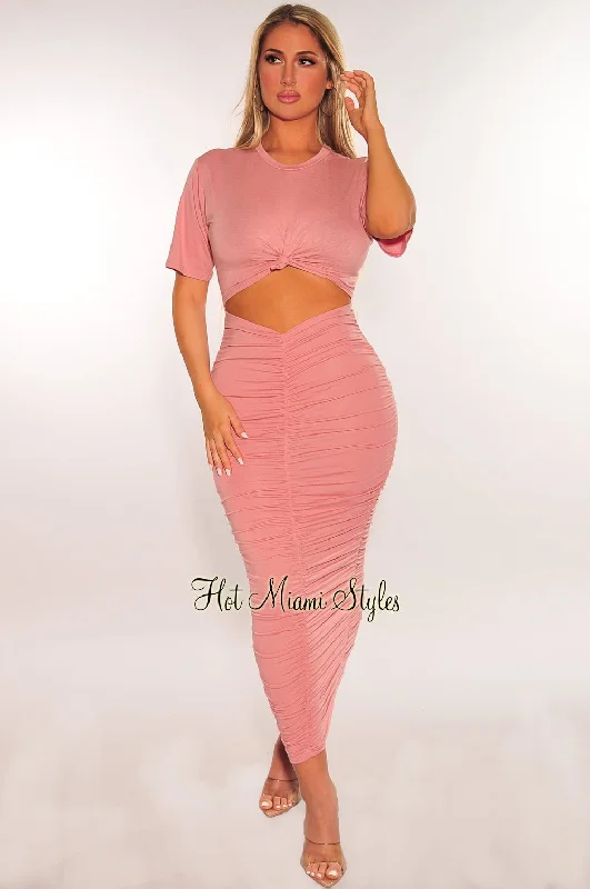 Women's Holiday Outfit Romantic Fashion Discounts Blush Short Sleeve Cut Out Ruched Maxi Dress