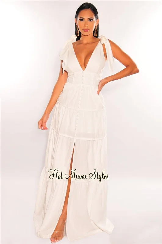 Women's Clothing For Outdoor Activities Limited Styles White V Neck Tie Up Button Up Slit Tiered Maxi Dress