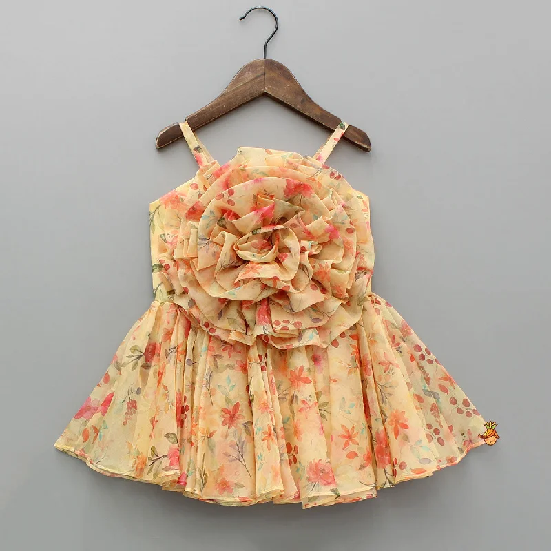 Women's Seasonal Clothes Premium Style Yellow Floral Printed Sleeveless Strappy Dress