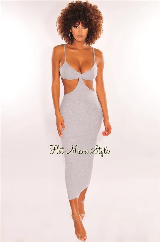 Classic Clothes For Women Evening Elegance Light Gray Spaghetti Straps Cut Out Maxi Dress