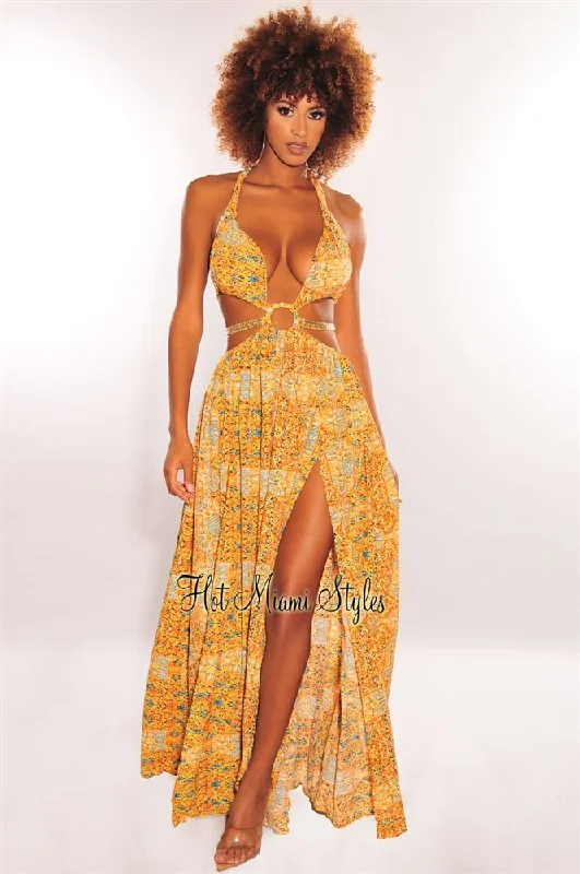 Casual Clothes For Women Trendy Women'S Wear Collection Orange Print O-Ring Cut Out Gold Belted Double Slit Maxi Dress