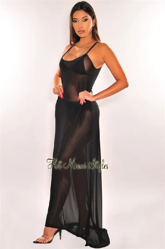 Women's Active Clothing Timeless Style Promotions Black Mesh Sheer Spaghetti Straps Maxi Dress Cover Up