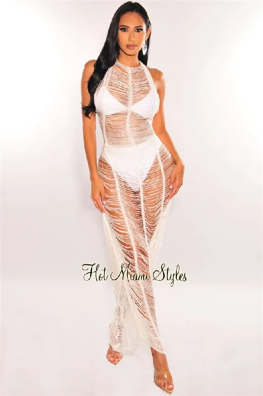 Timeless Women's Apparel Get The Latest Trends White Crochet Ladder Cut Halter Open Back Maxi Cover Up Dress