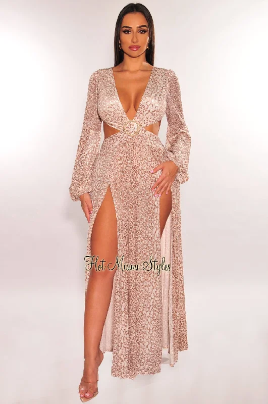 Women's Versatile Apparel Fashion Forward Femininity Nude Leopard Print Pearl O-Ring Cut Out Long Sleeves Double Slit Maxi Dress