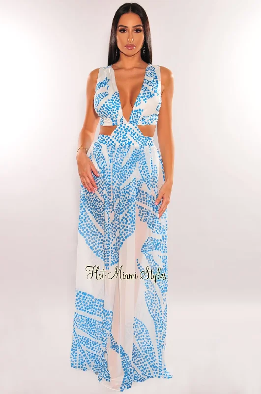 Women's Vacation Garments Hot Items White Teal Palm V Neck Cut Out Maxi Dress