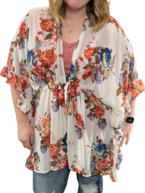 Women's Garments Limited Stock Floral With Drawstring Waist Cardigan In Multi Color