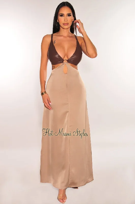 Women's Outerwear Clothing Cool Prices Chocolate Faux Leather Latte Silk Sleeveless O-Ring Cut Out Maxi Dress