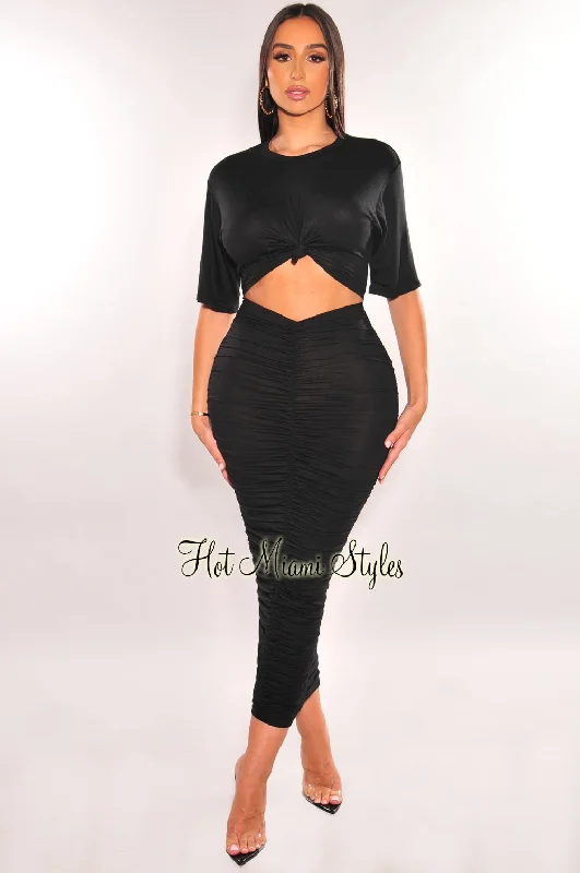 Vintage-Inspired Women's Clothes Spring Fashion Black Short Sleeve Cut Out Ruched Maxi Dress