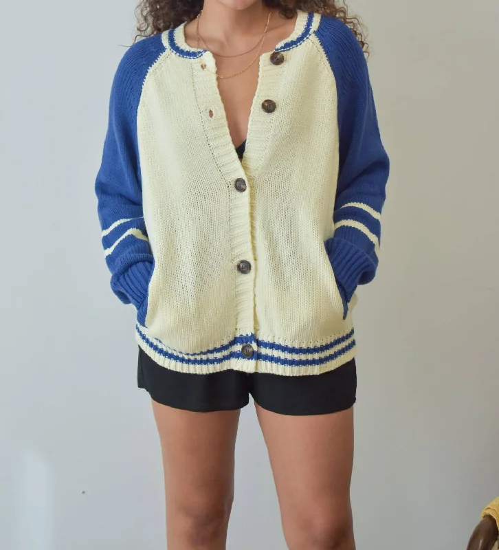 Women's Comfortable Lounge Outfit Trendy Looks On Sale Game Day Varsity Cardigan In Cream/blue