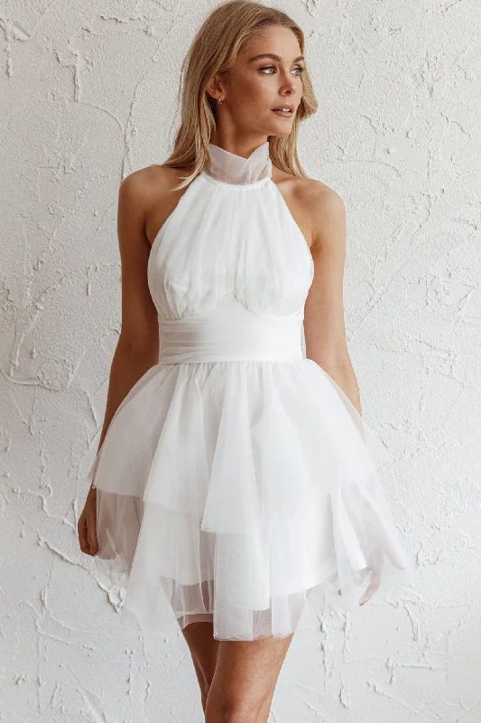 Women's Vacation Garments Flash Sales Andria Halterneck Tulle Mini Dress White