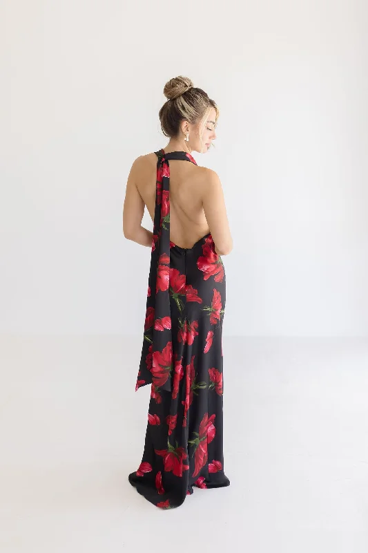 Comfortable Women's Apparel Unleash Your Style Cher Open Back Halter Tie Floral Print Maxi Dress Black