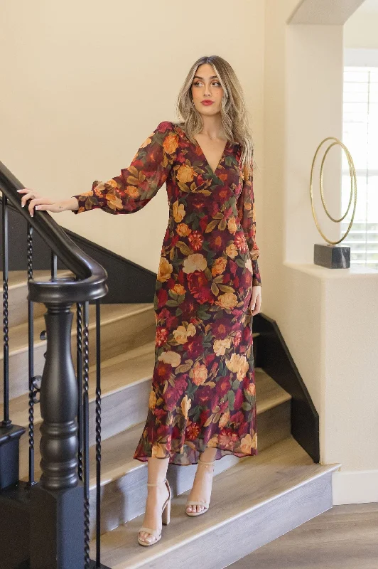 Women's Athletic Clothes Snag Fabulous Fashion Bargains Angela Long Sleeve Floral Print Maxi Dress Rust