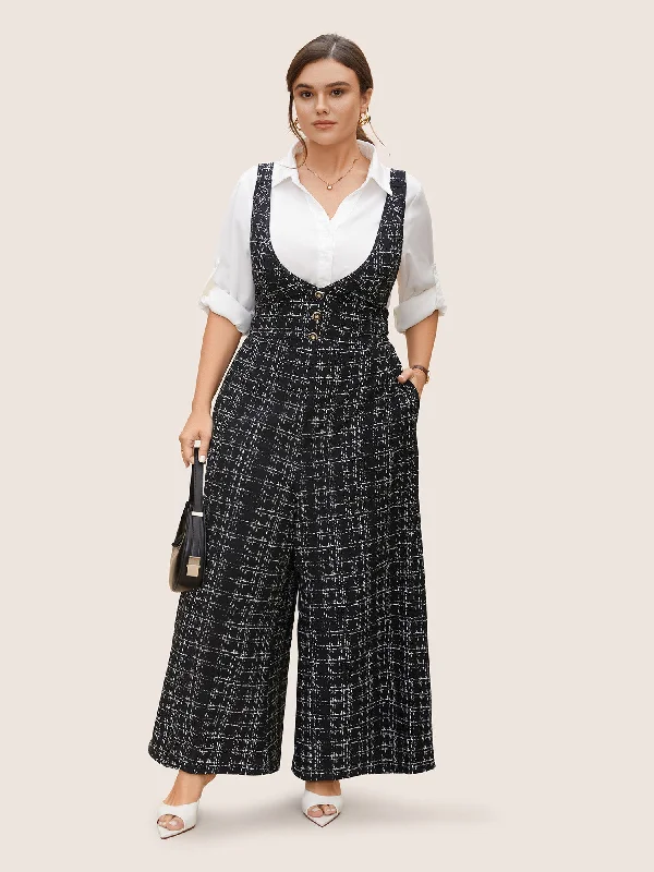 Women's Relaxed Outfit Discount Extravaganza Plaid Tweed Crisscross Back Button Detail Jumpsuit