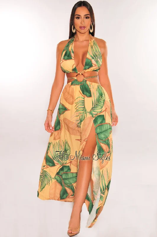 Women's Clothing For Casual Outings Edgy Fashion Deals Yellow Tropical Palm Print Halter Padded Belted Slit Maxi Dress