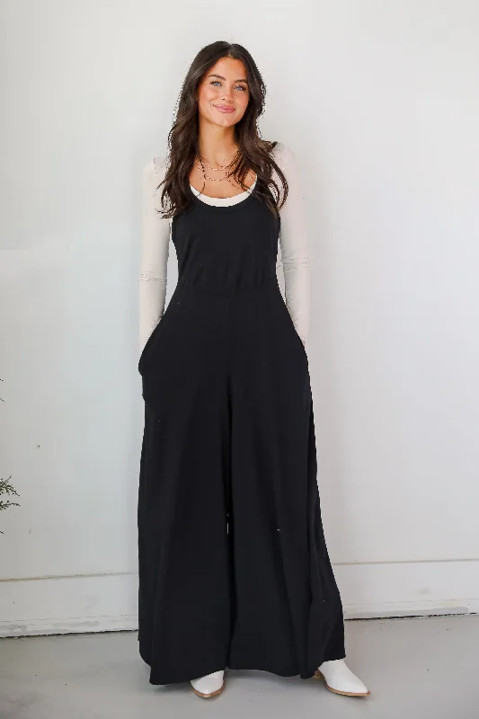 Vintage-Inspired Women's Apparel Style Redefined Irresistible Feelings Black Wide Leg Jumpsuit