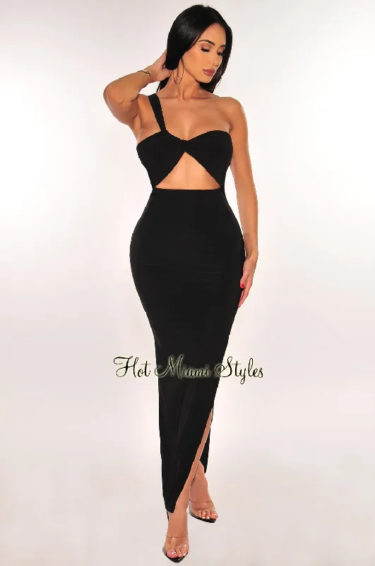 Women's Wardrobe Apparel Must Haves Black One Shoulder Cut Out Slit Maxi Dress