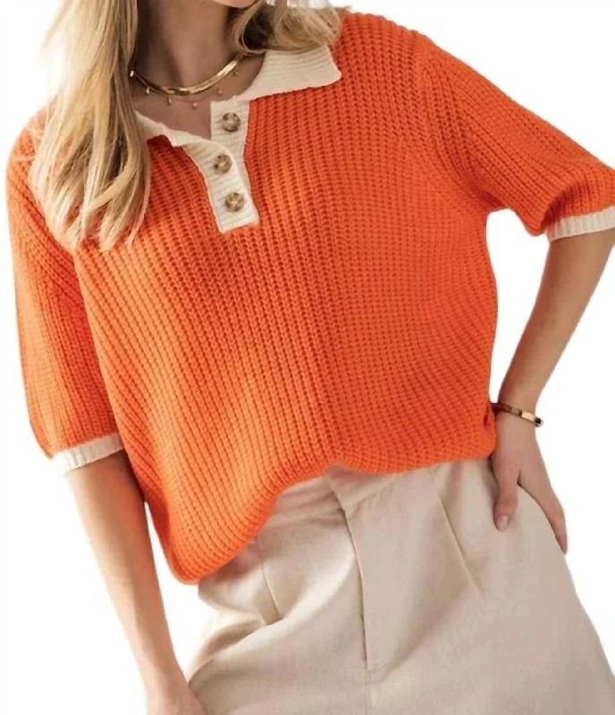 Women's Clothes Huge Markdowns Two Tone Contrast Quarter Button Knit Sweater In Orange