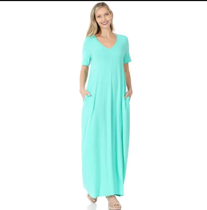 Women's Luxury Attire Budget Friendly Mint short sleeve maxi dress with pockets