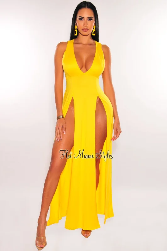 Stylish Outerwear Clothing For Women Casual Chic Yellow Sleeveless V Neck Double Slit Cover Up Maxi Dress