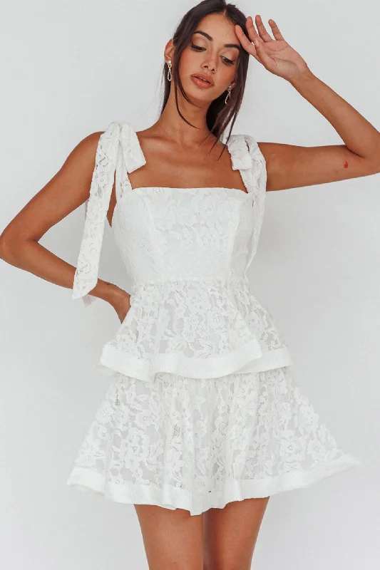 Stylish Women's Clothing Smart Casual Deals Neriah Tied Shoulder Tiered Lace Mini Dress White