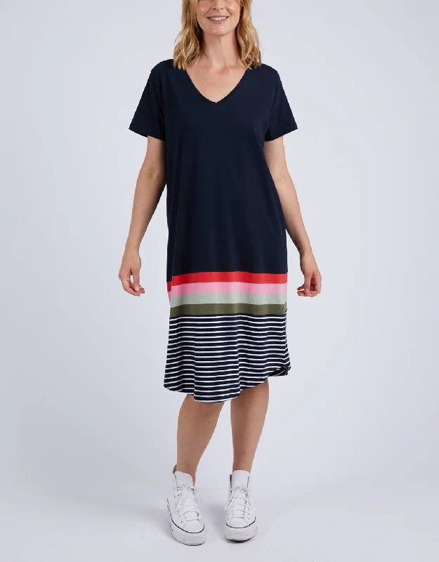 Women's Vacation Outfit Set Chic Style, Always In Vogue Terra Tee Dress - Navy And White Stripe